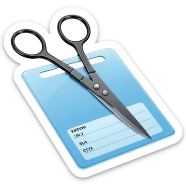 Floating black Scissors cutting a light blue idf ID card in 2 parts .hyper realistic sticker