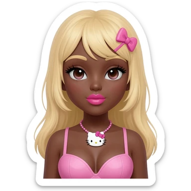 heart shaped lips, cute glossy lips, doll eyes with long lashes, dark brown skin, blonde hair, big chest, hello kitty necklace, one bow clip, bimbocore outfit sticker