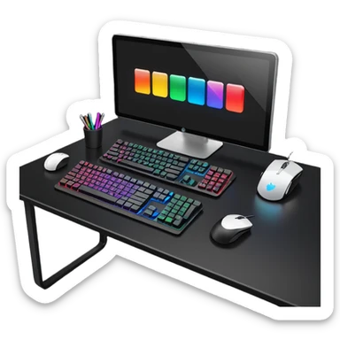 rgb gaming computer on black desk with a black keyboard and mouse sticker