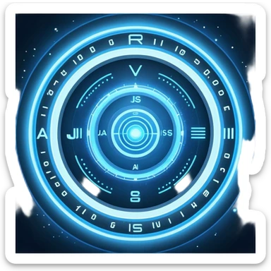A circular blue holographic interface made of concentric rings, glowing tick marks, and data arcs, with the text “J.A.R.V.I.S.” centered, resembling a futuristic digital HUD floating in space. sticker