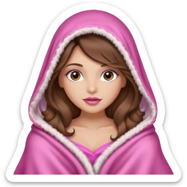 girl with long wavy brown hair, brown eyes, long lashes makeup, sexy pink lips, light to medium complexion, wearing a pink sexy silk top, big blanket over the head cozy  sticker