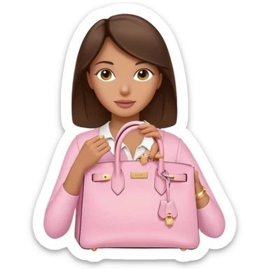 A brunette tan women holding a baby pink Birkin bag with gold hardware sticker