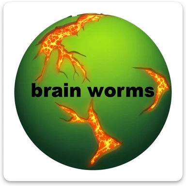 a green burning planet that has "brain worms" written on it in black letters in a realistic style sticker