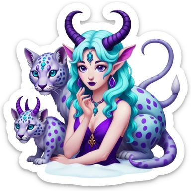 Feminine Scorpio Baphomet standing among trippy purple and teal mushrooms.. she’s petting a snow leopard  sticker