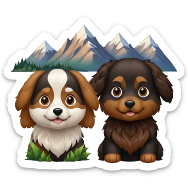 two dogs with wavy hair, one black and brown, one shades of brown, no white with mountains sticker