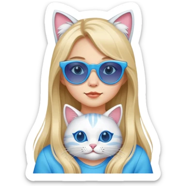 a girl with a cute face, long hair but in cat's outfit, and wearing blue sunglasses sticker