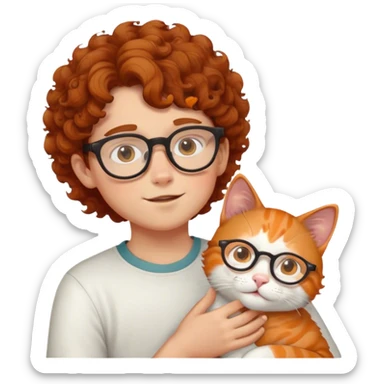 Boy with curl brown hair and glasses giga white and orange cat sticker