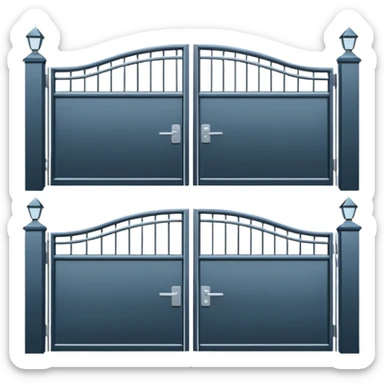 Flat emoji-style icon of automatic driveway gates.
Two solid gate panels opening to the sides.
Modern metal gates, simple design.
Clean vector style, minimalistic.
No text, no people, no buildings.
Centered, plain or transparent background.
Emoji style, iOS / Apple emoji look.
 sticker