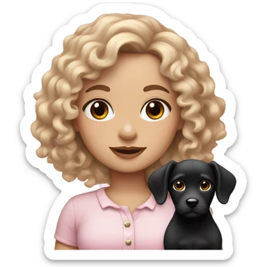Curly white girl dressed with something soft pink with a black puppy sticker