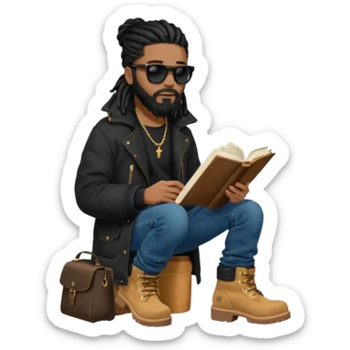 African American man with shoulder length black dreadlocks with black beard wearing black sunglasses wearing a black bubble winter coat wearing denim skinny jeans wearing wheat timberland boots reading the bible sticker