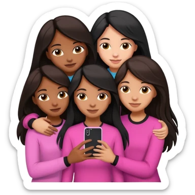 3 brown girl friends with a phone on their hand, one with black long hair light skin,  one with brown hair long and the other one with black with brown medium length hair . Wearing pink glammed up and hugging  sticker