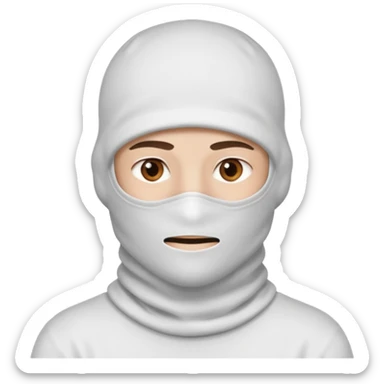head of a guy with brown eyes wearing a white balaclava without a mouth sticker