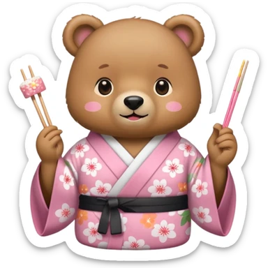 A cute light-brown bear wearing a pastel pink sakura-patterned kimono, normal balanced body ratio. 
Happily eating sushi with chopsticks, excited sparkling eyes. 
Kawaii emoji style, minimalistic clean sticker illustration, white background.
 sticker