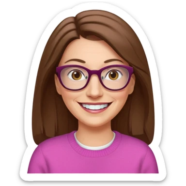 50 yr Caucasian woman, long brown hair parted on side, brown eyes, glasses,big smile, white teeth, pink sweater sticker