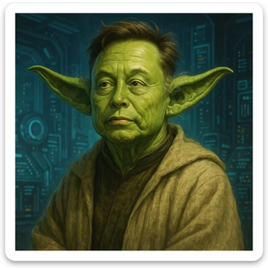 Elon Musk as Yoda with green skin and wise expression, sci-fi background, fusion of Star Wars and tech entrepreneur themes, detailed and humorous style sticker