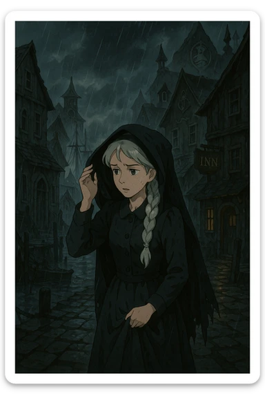 A dark port town, poverty, abandoned stormy, horror novel, innsmouth, cult of Dagon, there is 1 female with a long white braid and traditional 1930's dress clothes, dark dress, shielding herself from the rain sticker