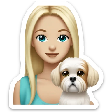 Girl with lots of freckles on her face, long blonde hair, and bright blue and green eyes holding an all beige shih tzu dog  sticker