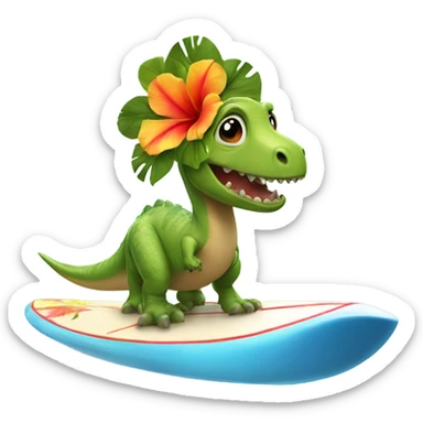Dinosaur on a surfboard with a Hawaiian flower on its head sticker