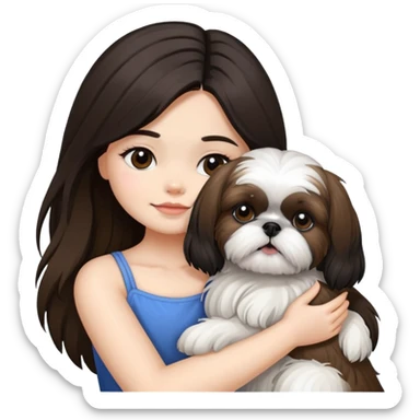 A girl with black highlighted long hair hugging a Shih Tzu dog sticker