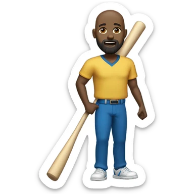 A bald black man dressed in gold shirt and blue pants with a beard and goatee in dark shades with a baseball bat. sticker
