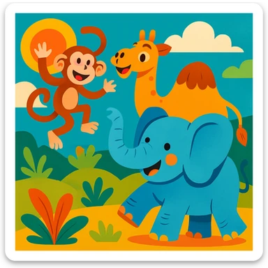 group scene with a playful monkey, whimsical camel, and joyful elephant having fun together in a vibrant cartoon style sticker