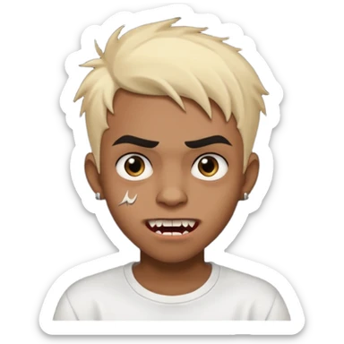 Black Male Teenager with Short punk messy blonde hair, Dark brown bushy eyebrows large expressive golden-brown eyes, wearing a plain white t-shirt, Dark Brown skin color. vampire tooth sticker