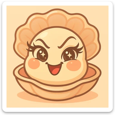 Create a version with an even more mischievous expression, very expressive and luminous eyes, elegant eyelashes, and strongly accentuated pastel, pearly, cream, peach, and greige shades, while keeping the large shell, small oyster, pastel toon style, and the background as is. sticker