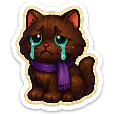 Fluffy sad crying cute dark-brown cat with green eyes and a purple scarf  sticker
