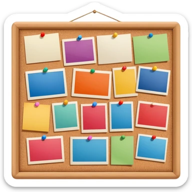 board with pinned photos and notes sticker