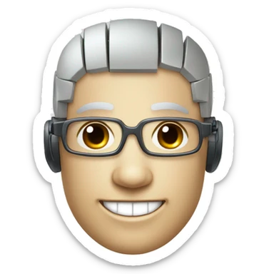 Robotic Cyborg head with fair skin, flat top haircut, rectangular glasses, circuits and smiling  sticker