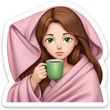 woman with very long brown hair and green eyes in a light pink blanket sleepy with coffee sticker