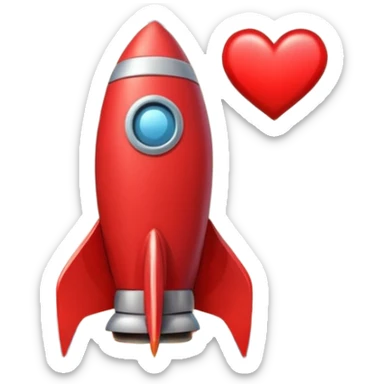 A tiny photorealistic red rocket with a heart emblem on it, blasting toward a large full moon. sticker