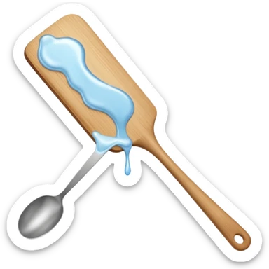 a close-up, minimalist shot of a viscous, pearly substance slowly dripping from a wooden spatula against a neutral gray background. sticker