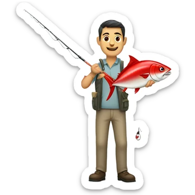 husband holding fishing rod with red fishing line hooked tuna sticker