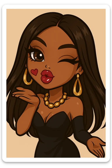 Remove any hats, ensure she is winking while blowing a kiss, headshot only, 20-year-old anime Bratz style woman with dark skin, dark hair, glamorous evening wear, big expressive eyes, glossy lips, happy expression, no tears. Style: anime Bratz. sticker