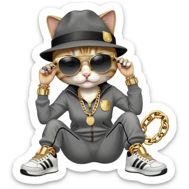 female cat dressed like Run DMC in tracksuit, fedora, Adidas shoes, dark sunglasses, lots of gold chains, rings, bracelets, earrings, lying on the ground after falling, distressed sticker