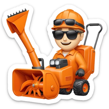 Orange snowblower with sunglasses and a smile sticker