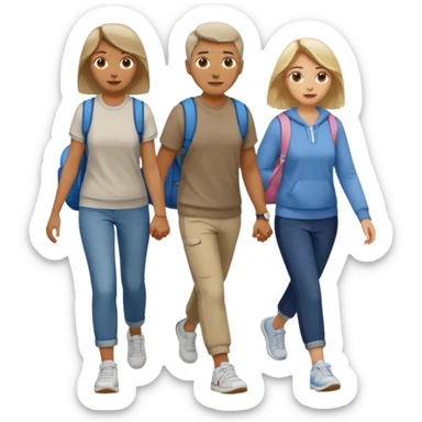 iOS emoji style - a men and 2 women in casual clothes and wearing trainers. Walking in the same direction quickly together. 
Not holding hands. No backpacks. 
 sticker