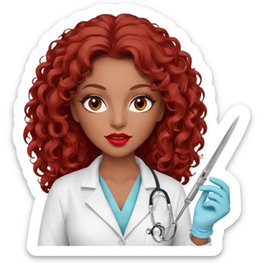 Seductress woman scalpel in hand, evil surgeon sexy surgeon clothes.  She has red eyes. Her  brown long curly hair. Wears sexy doctor outfit with red gloves. make her hair free and brown but she  wear mouth cover   to hide. Wears white surgeon jacket and  only   death long , long beown hair  sticker