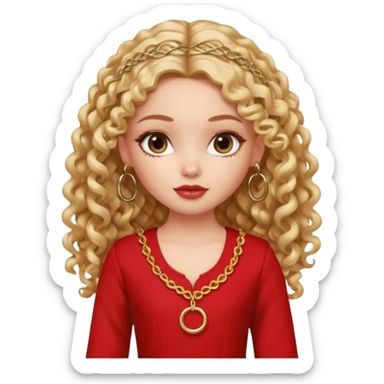 generate a pretty bratz girl with a red kurti, long curly hair, hoops sticker
