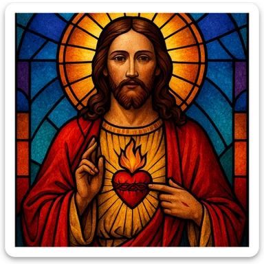 Jesus in a stained glass effect, vibrant colors, heart motif sticker