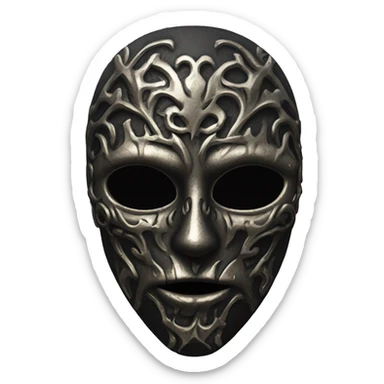  “A dark, metallic mask that covers the whole face, with hollow eyes and intricate, Gothic carvings resembling skulls or twisted patterns. It has a sinister, haunting look, evoking a medieval, eerie vibe.” sticker