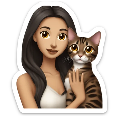 Beautiful skinny woman long dark brown hair in dark dress hug bengal cat sticker