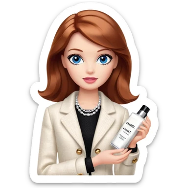 A Barbie girl with blue eyes, shoulder-length reddish-brown hair with makeup, wearing a white tweed jacket and a black skirt, holds chanel cream in her hand sticker