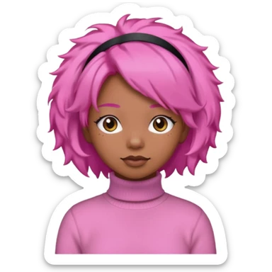 black fluffy haired girl with pink turtleneck sweater and pink hair band sticker