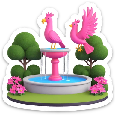Make the background transparent, keep the small yard with a fountain and large pink bird sculpture in 3D emoji style. sticker