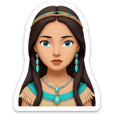 Cinematic Elegant Pocahontas Portrait Emoji, rendered in a realistic, vector-style with minimal shading and bold, simplified shapes. Depict Pocahontas (chest and above) with warm, sun-kissed skin, long, flowing dark hair, and gentle, wise eyes, wearing traditional attire in earthy tones with hints of turquoise. The image glows with a soft, natural radiance and high shine, embodying timeless indigenous beauty. sticker