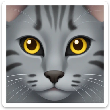 grey cat with some dark grey lines, some lines of brown and black with yellow eyes and a black nose sticker