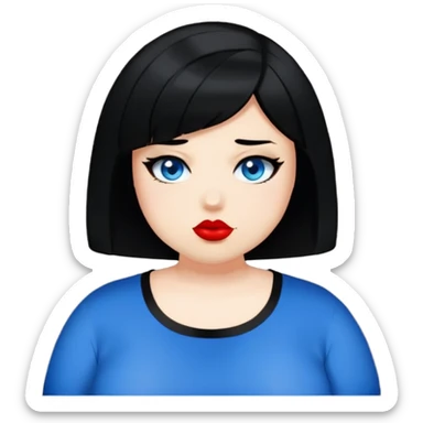 Make the plus size teenage girl emoji look like the person in the reference photo: black bob haircut, side parted, blue eyes, black eyeshadow, red lipstick, black shirt, emoji style. sticker