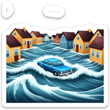 showing a flood disaster scene with strong water waves overflowing streets, partially submerged houses and cars, dark cloudy sky sticker